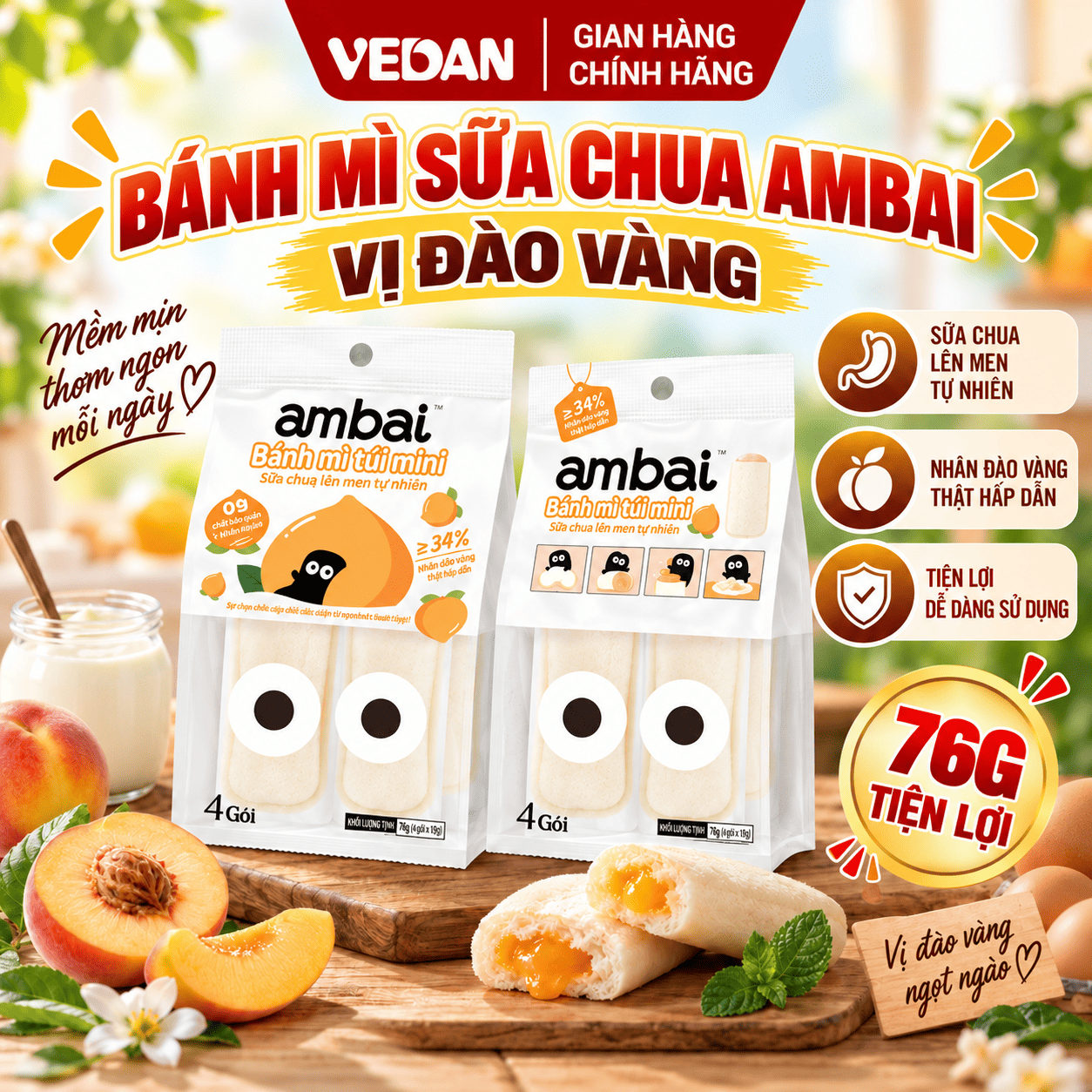 Bánh mì mini nhân sữa chua AMBAI Vị đào vàng