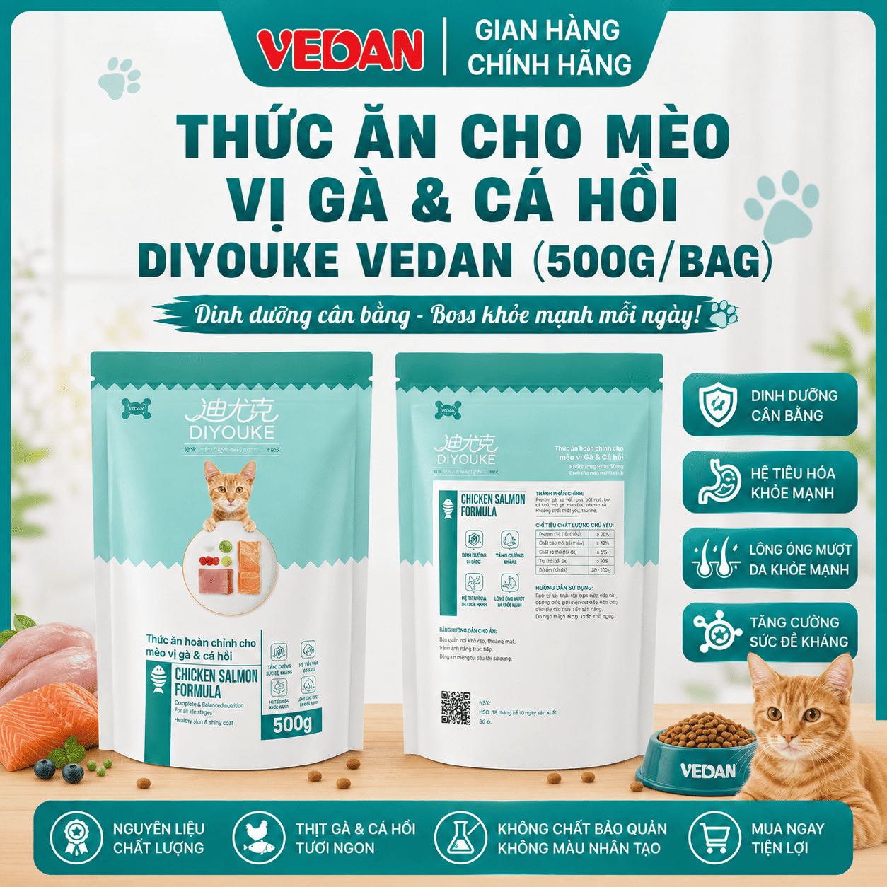 Thức Ăn Cho Mèo Vị Gà & Cá Hồi - DIYOUKE VEDAN