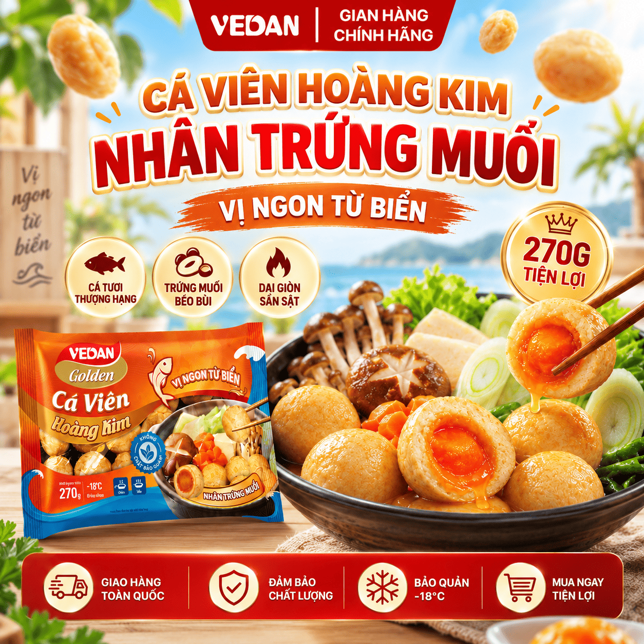 VEDAN Golden Cá viên hoàng kim - Nhân trứng muối 270g
