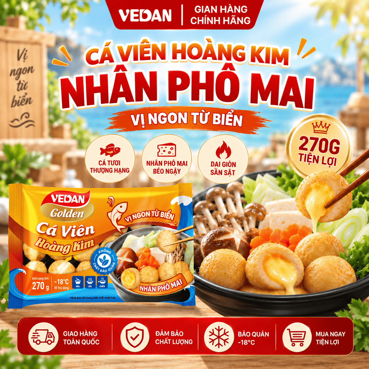 VEDAN Golden Cá viên hoàng kim - Nhân phô mai 270g