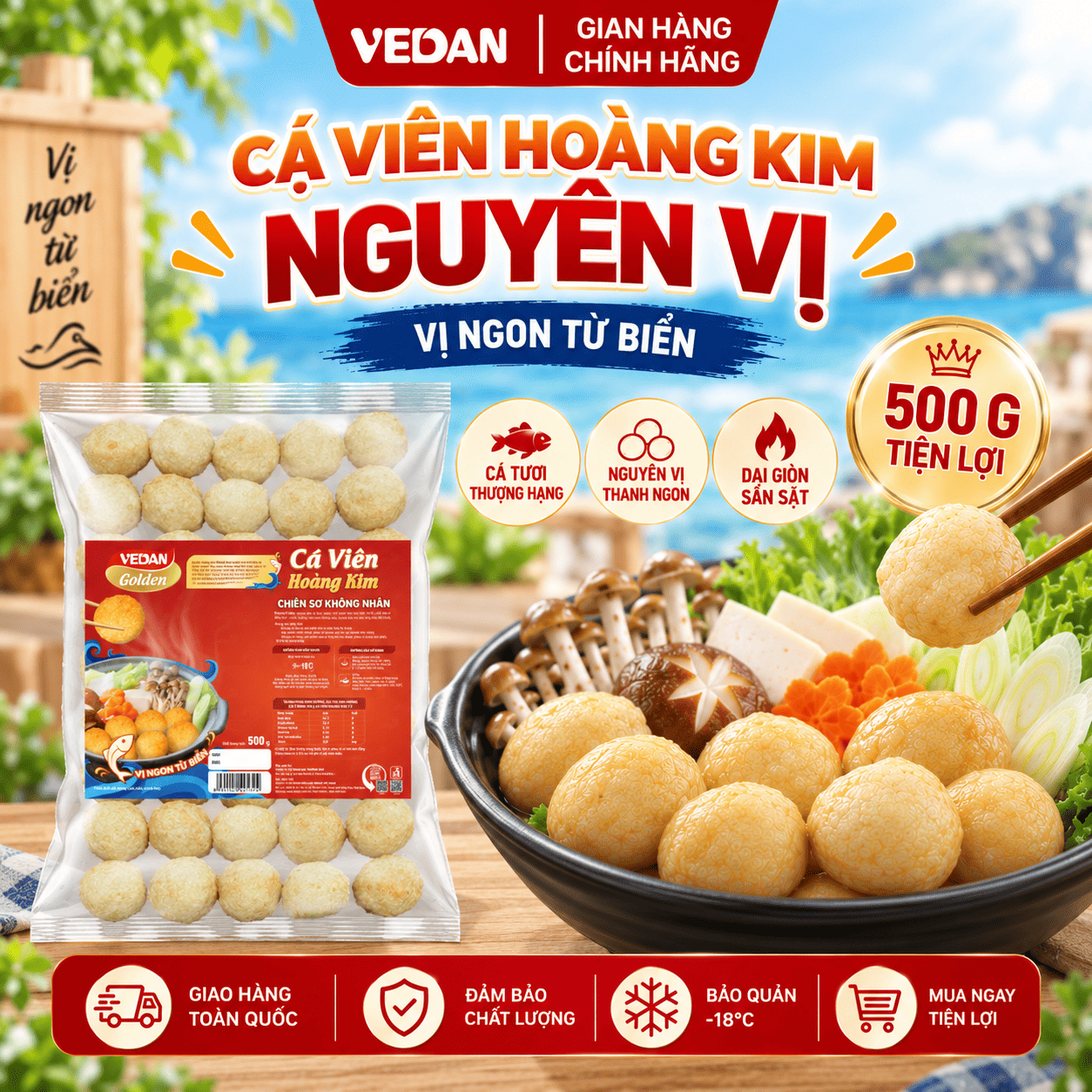 VEDAN Golden Cá viên hoàng kim - Nguyên Vị 500g