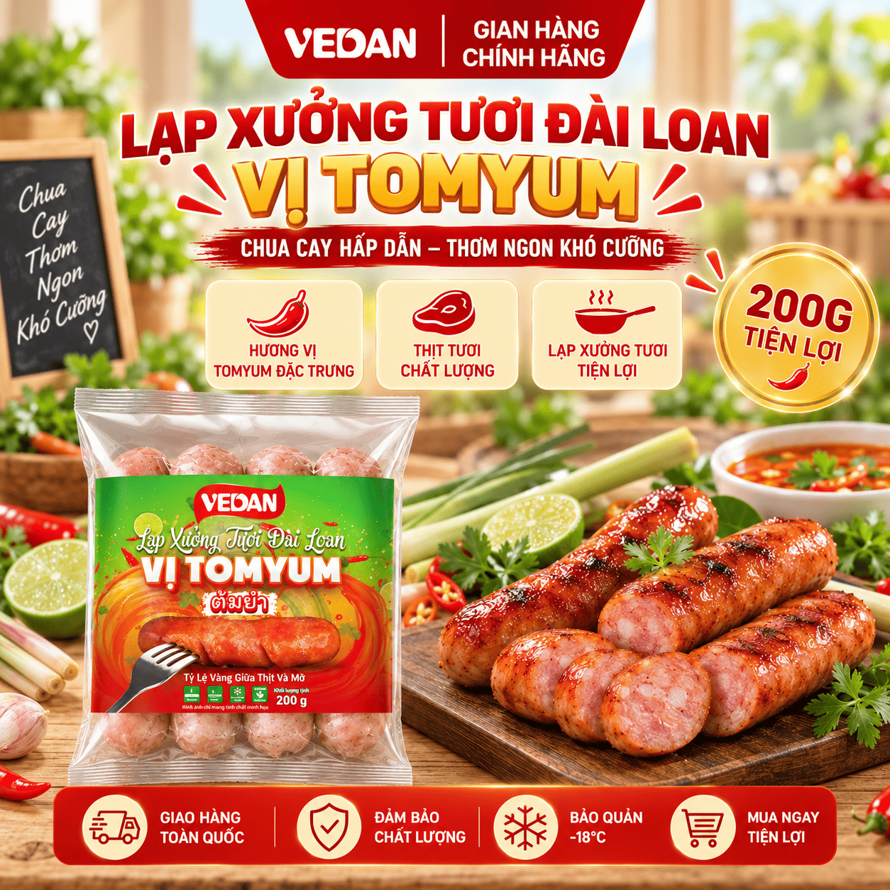 VEDAN Lạp xưởng tươi Đài Loan Vị Tomyum gói 200g