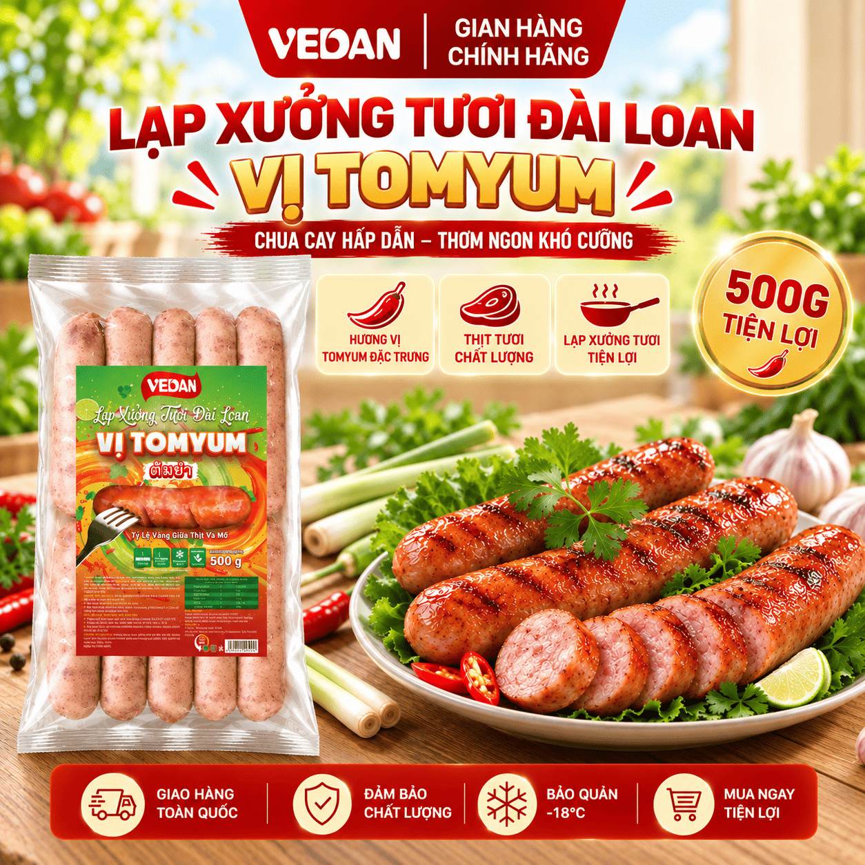 VEDAN Lạp xưởng tươi Đài Loan vị Tomyum 500g