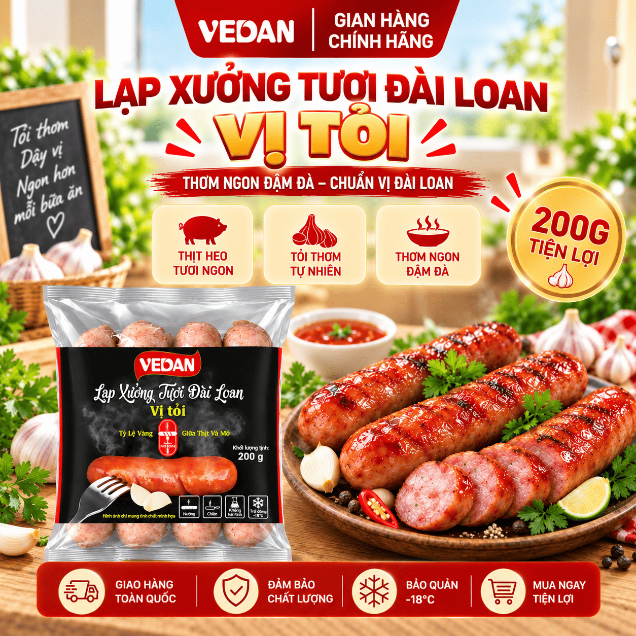 VEDAN Lạp xưởng tươi Đài Loan vị tỏi 200g
