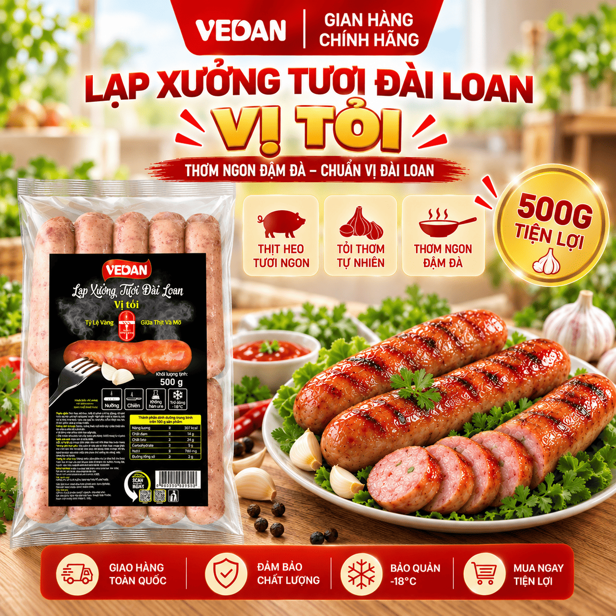VEDAN Lạp xưởng tươi Đài Loan vị tỏi 500g