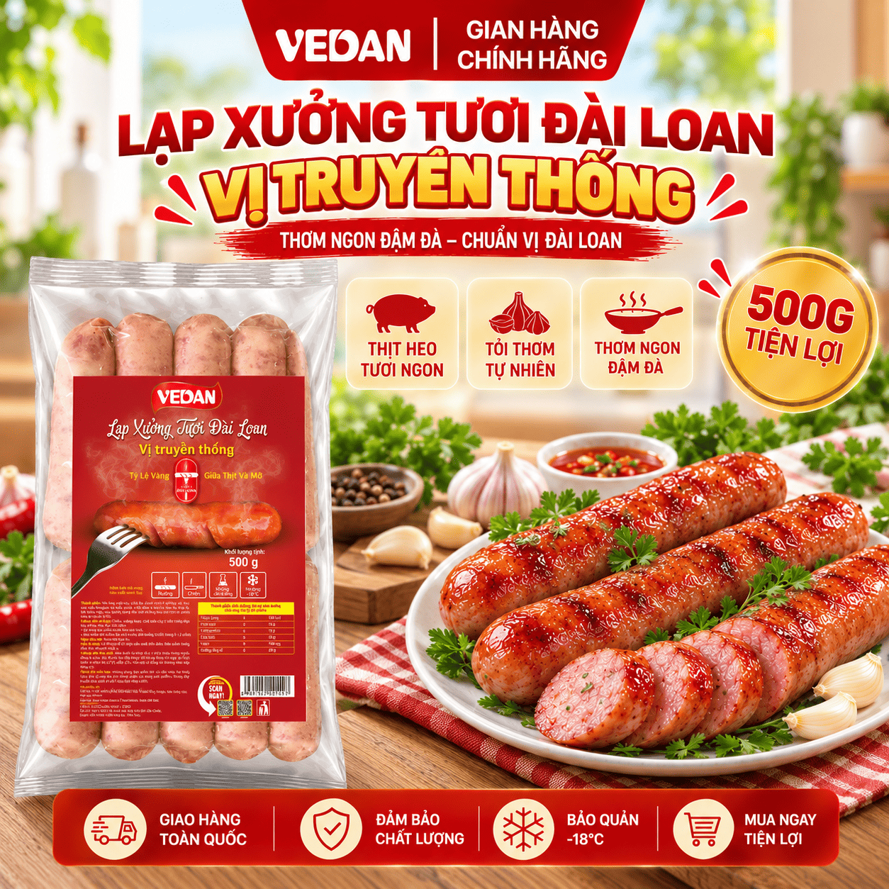 VEDAN Lạp xưởng tươi Đài Loan vị truyền thống 500g