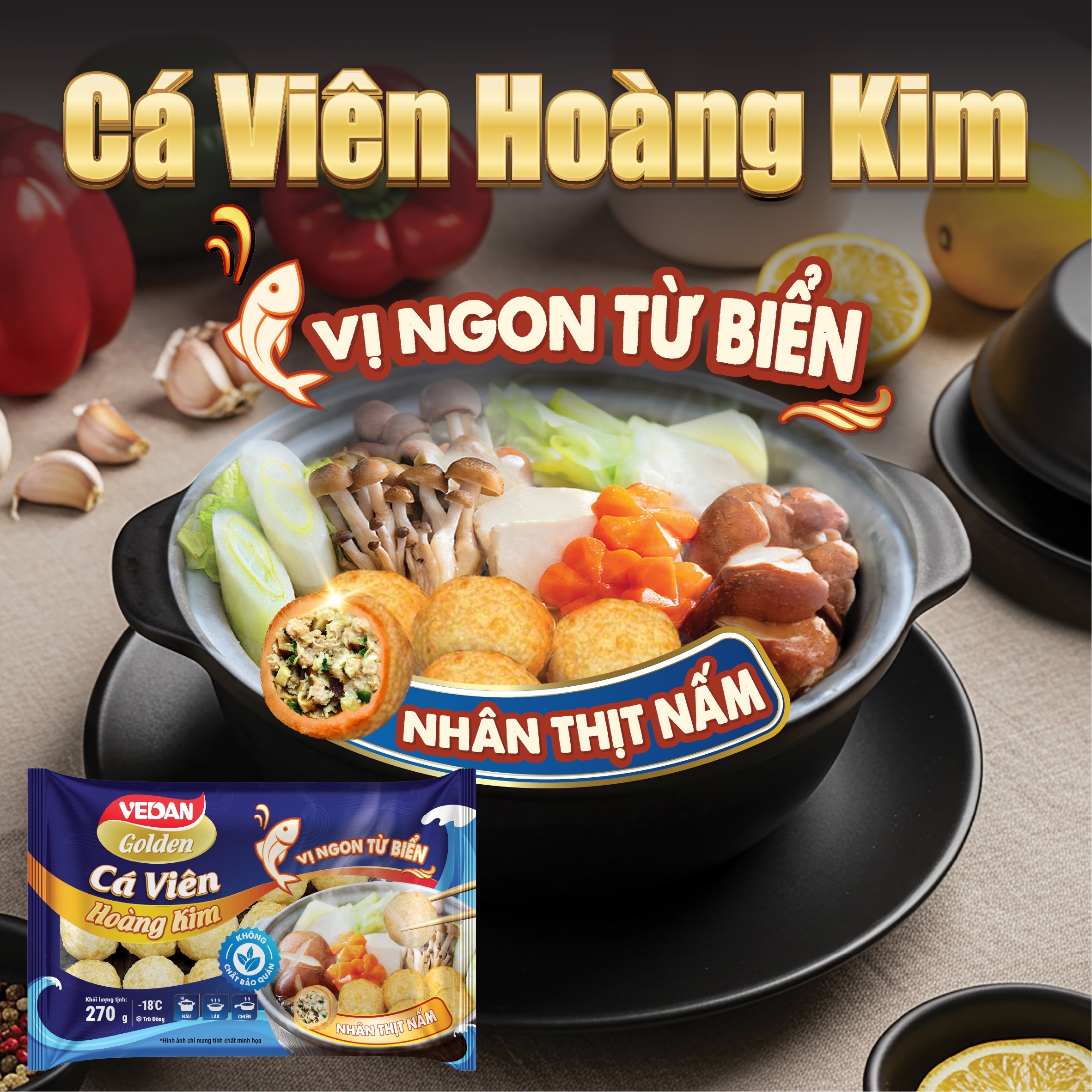 VEDAN Golden Cá viên hoàng kim - Nhân thịt nấm 270g